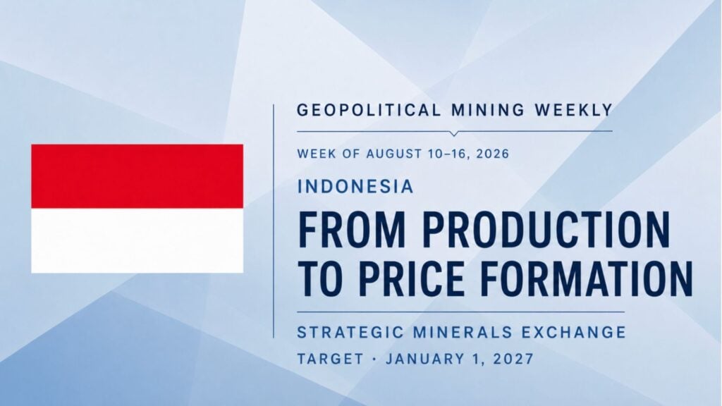 Geopolitical Mining Weekly for August 10–16, 2026, examining Indonesia’s proposed strategic minerals exchange, price formation, industrial capacity and mining legitimacy.