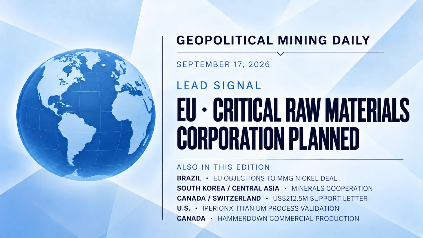 Geopolitical Mining Daily cover for September 17, 2026, featuring the planned EU critical raw materials corporation.